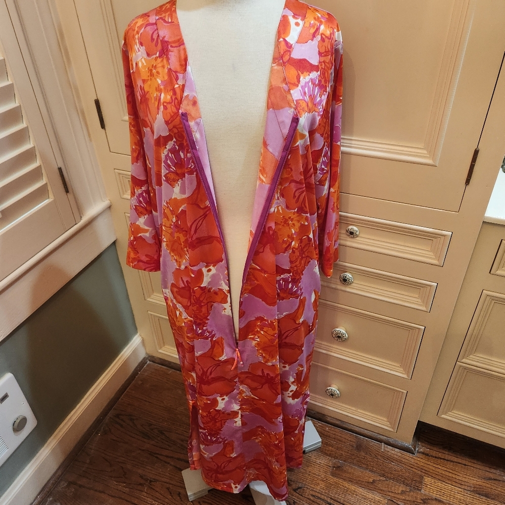 Natori Orange & Pink Full-length Sz M Caftan House Dress Gown w/ Zipper - Picture 3 of 10